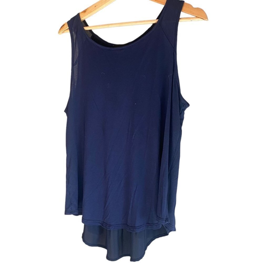 High Low Sheer Sleeveless Blouse Layered Wing Style on Back M Blue #112